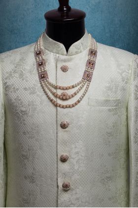 Ivory White Pearl Three Layered Mothi Mala With Heavy Detailed Block Lockets On Both Sides  And Bigger Beads In Center