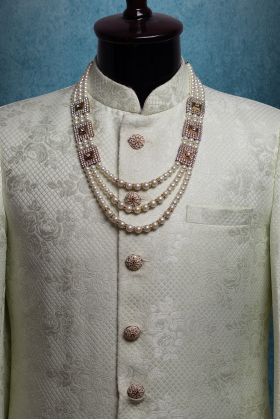 Ivory White Pearl Three Layered Mothi Mala With Heavy Detailed Block Lockets On Both Sides  with even beads