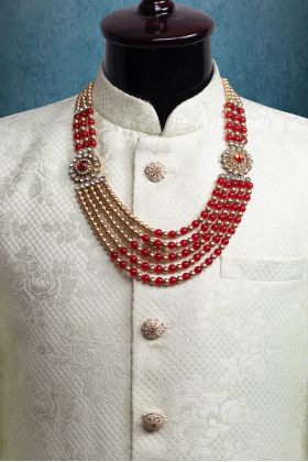 Five Layered Mothi Mala With Two Kundan Lockets and Chains Filled with Ruby Red and Golden Mothis
