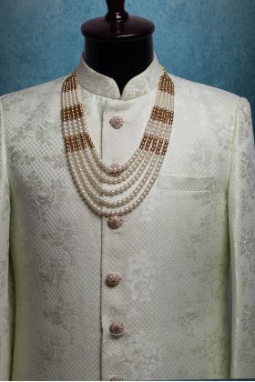 Pearl White And Golden Colour Mothi Mala with Side partition Detailing And 5 Layers