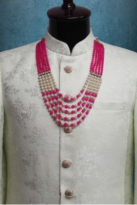 Dark Pink And White Multisize Beads Combination Mothi Mala With 5 Layers