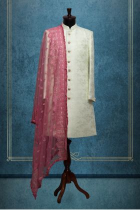 Dark Pink Grooms Shawl With  Heavy Detailed Threadwork
