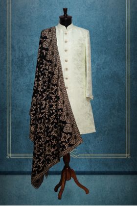 Solid Black Grooms Shawl With Heavy Detailed Beige Colour Work Details