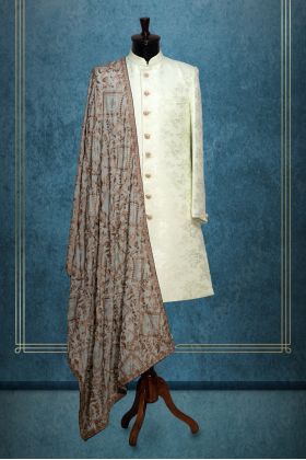 Greyish Blue Grooms Shawl With Heavy Detailed Threadwork Details in Brown Colour