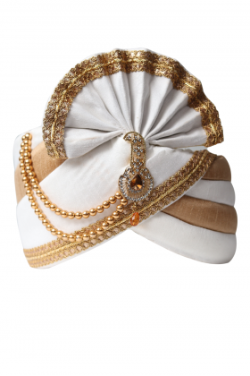 Pure White And Golden Interlined Turban With Golden Border and Beads Embellishment