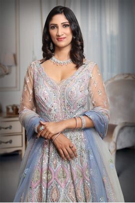 Multicoloured Heavy Handworked Gown With a Lot Of Colour Detailing And Stone Work With Scallop Worked Dupatta In Same Colour Coordination