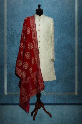 Dark Maroon Grooms Shawl With Beige Colour Detailing