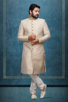 Golden Colour Jaquard Textured Single Sherwani With Minimal Stone Work Embellishment