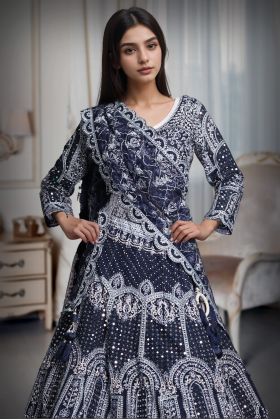 Navy Blue Heavy Stone Worked Bridal Lehenga