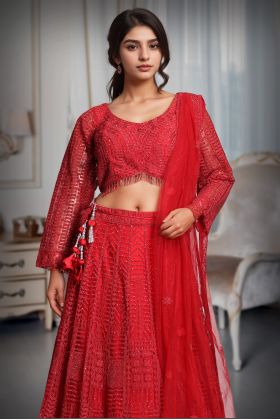 Cherry Red Heavy Beads Worked Bridal Lehenga