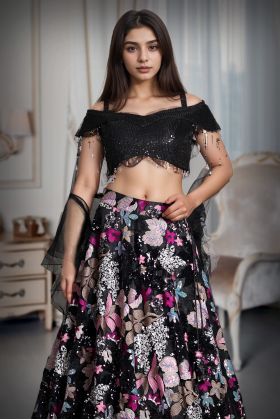 Black Pre Wedding Lehenga With Floral Embellishment All over the Skirt