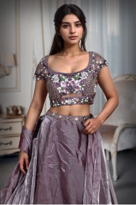 Lilac Tissue Silk Lehenga With Heavy Stone Worked Blouse , Plain Skirt And Ruffle Dupatta