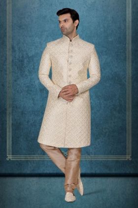 Cream & Gold Self-Textured Brocade Silk Sherwani