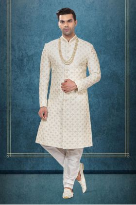 Elegant Ivory Sherwani With Golden Embroidery