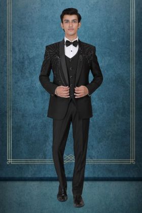 Black Tuxedo Suit with Sequin Embroidered Shoulder Detailing and Satin Lapels