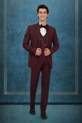 Wine Tuxedo Suit with Sequin Embroidered Shoulder Detailing and Satin Lapels