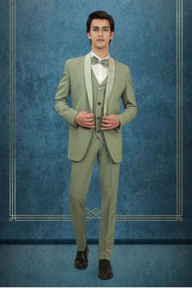 Elegant Sage Green Color And its Regal, Formal Styling With The Embroidered Lapel Suit