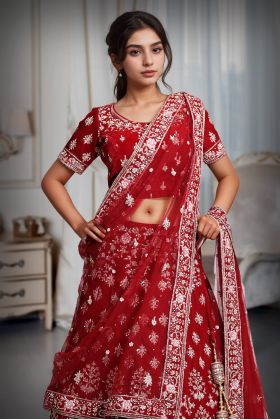 Dark Maroon Handworked Lehenga With Detailed Zari Work and Embroidery Paired With Blouse and Dupatta In Same Colour