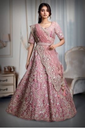 Baby Pink Bridal Lehenga With a Lot Of Detailing And Threadwork With Dupatta In Same Colour Coordination