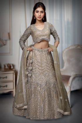 Beige Heavy Worked Lehenga With Rich Embellishment Work In Skirt And Top Along With Minimal Net Dupatta