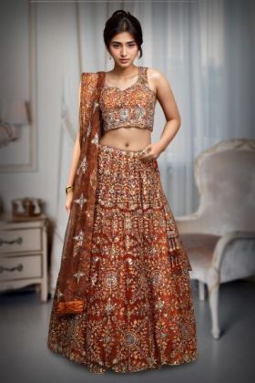 Burnt Orange Heavy Embellished Lehenga With Mirror Work And Stone Work Detailing