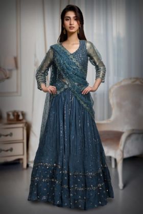 Teal Blue Minimal Lehenga With Exquisite Sequin Work Embellishment Along With Same Colour Blouse And Dupatta
