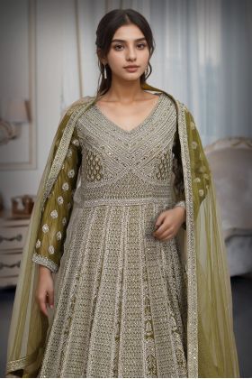 Olive Green Full Sleeve Gown With Heavy Stone Work And Mirror Work Details
