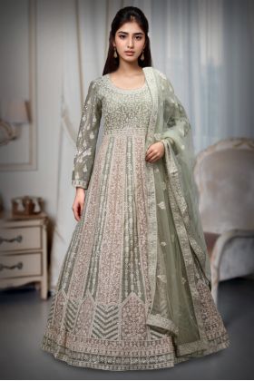 Pastel Green Heavy Embellished  Gown With Ivory And Pastel Green Intermixed texture With Beautiful Detailing