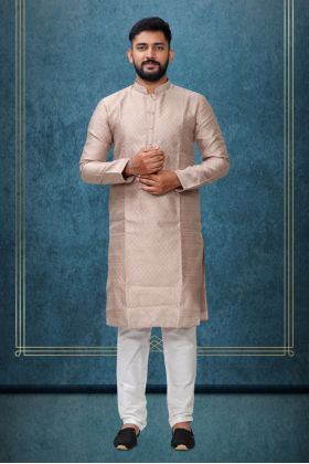 Hazelnut Colour Ethnic Kurtha In Golden Threadwork Textured Dupion Silk Fabric And White Bottom