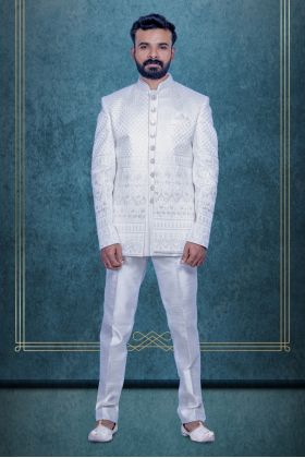 White And Golden  Jacket Jodhpuri With Threadwork Detailing