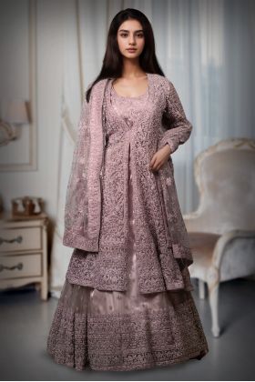 Heavy Stone Worked Jacket Anarkali Lehenga In Pastel Mauve Colour With Long Tail , Skirt And Same Colour Dupatta