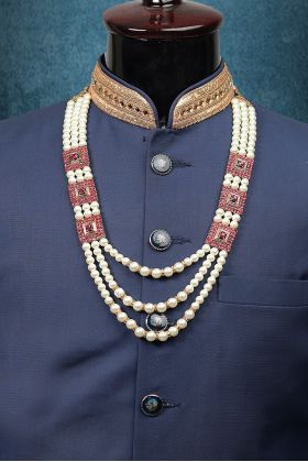White Pearl Princely Mala With Red Stone Side Locket Detailing