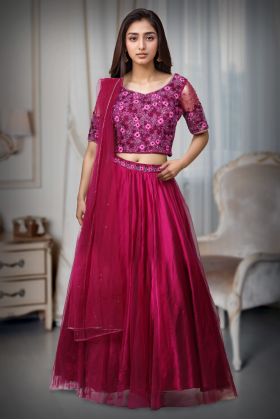 Majentha Pink Minimal Lehenga With Plain Skirt And Threadwork Detailed Blouse With Same Colour Dupatta