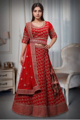 Bright Red Heavy  Threadwork With Golden Stone Worked  Bridal Lehenga With Same Colour Dupatta