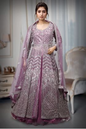 Lavender Anarkali Lehenga With Exquisite Stonework And Detailing Throughout The Body With Threadwork Detailed Dupatta