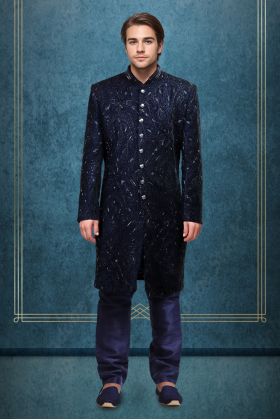 Dark Navy Blue Heavy Beadswork Embellished Sherwani