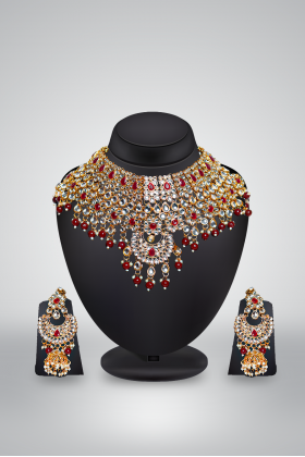 Ethnic Indian Traditional Gold Plated Kundan Jewellery Set With Ruby Red Stone And Beads Detailing
