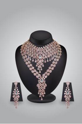 Rose Gold Raindrop Stone Worked Heavy Bridal Jewellery Set