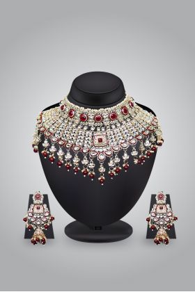 Gold Plated Red And White Kundan Heavy Bridal Jewellery Set