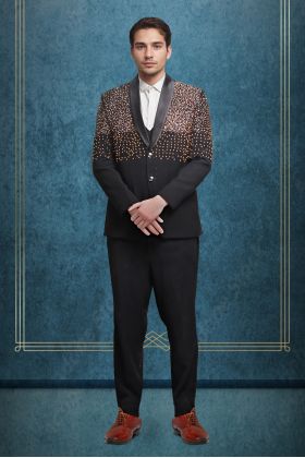 Black Heavy Beadsworked Polyester Viscose Tuxedo Set
