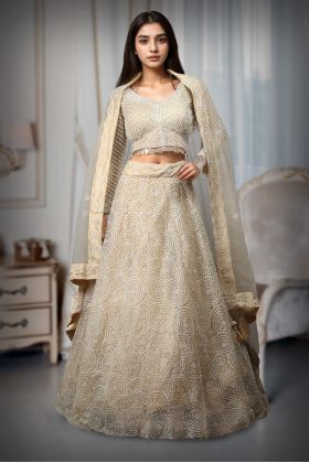Pearl White Heavy Bridal Lehenga With Stone Work And Pearl Detaii Embellishment