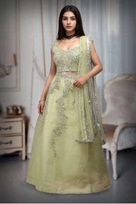 Lemon Yellow Stone Worked Crop Top  With Heavy Embellished Blouse And Dupatta