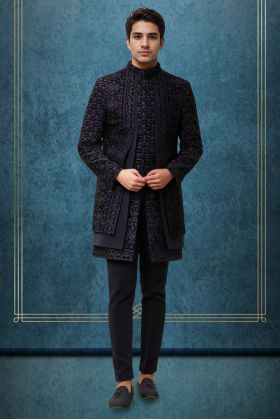 Navy Blue Jaquard Fabric Heavy Sherwani With Textured Inner Kurtha And Matching Pants