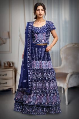 Navy Blue Heay Detailed Lehenga With Cold Shoulder Blouse And Double Panelled Skirt With Same Colour Dupatta