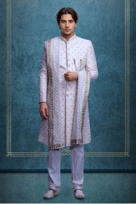Off White Jaquard Fabric Heavy Sherwani With Beadswork Along With Threadwork And Matching Pants With White Shawl