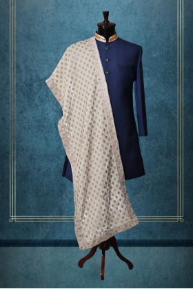 White Heavy Threadworked Grooms Shawl With Uniform Deatiling All Over The Body