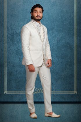 Off White Handworked Tuxedo In 3 Pc Set