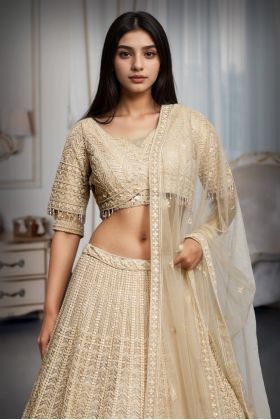 Off White Crop Top Lehenga With Beads Work Embellishments