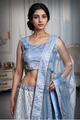 Dark Grey Stone Worked Lehenga With Stone Work Detailing And Same Color Dupatta