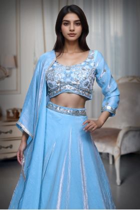 Cyan Blue Tissue Silk Crop Top Lehenga With Elegant Handwork Details